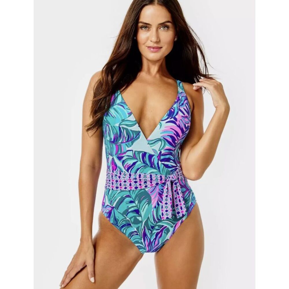 Lilly Pulitzer 14 Emori Seasalt Blue Don't Wanna Leaf One Piece Swimsuit $148